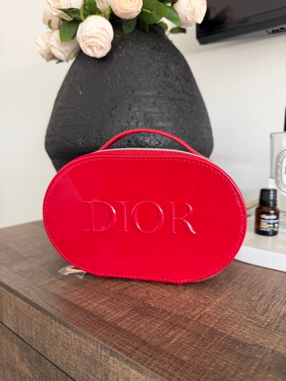 Dior Red Patent Oval Top-Handle Cosmetic Case